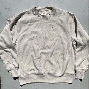 Men's Champion Eco Sweatshirt Beige Solid L DISTRESSED Midweight Activewear Gym